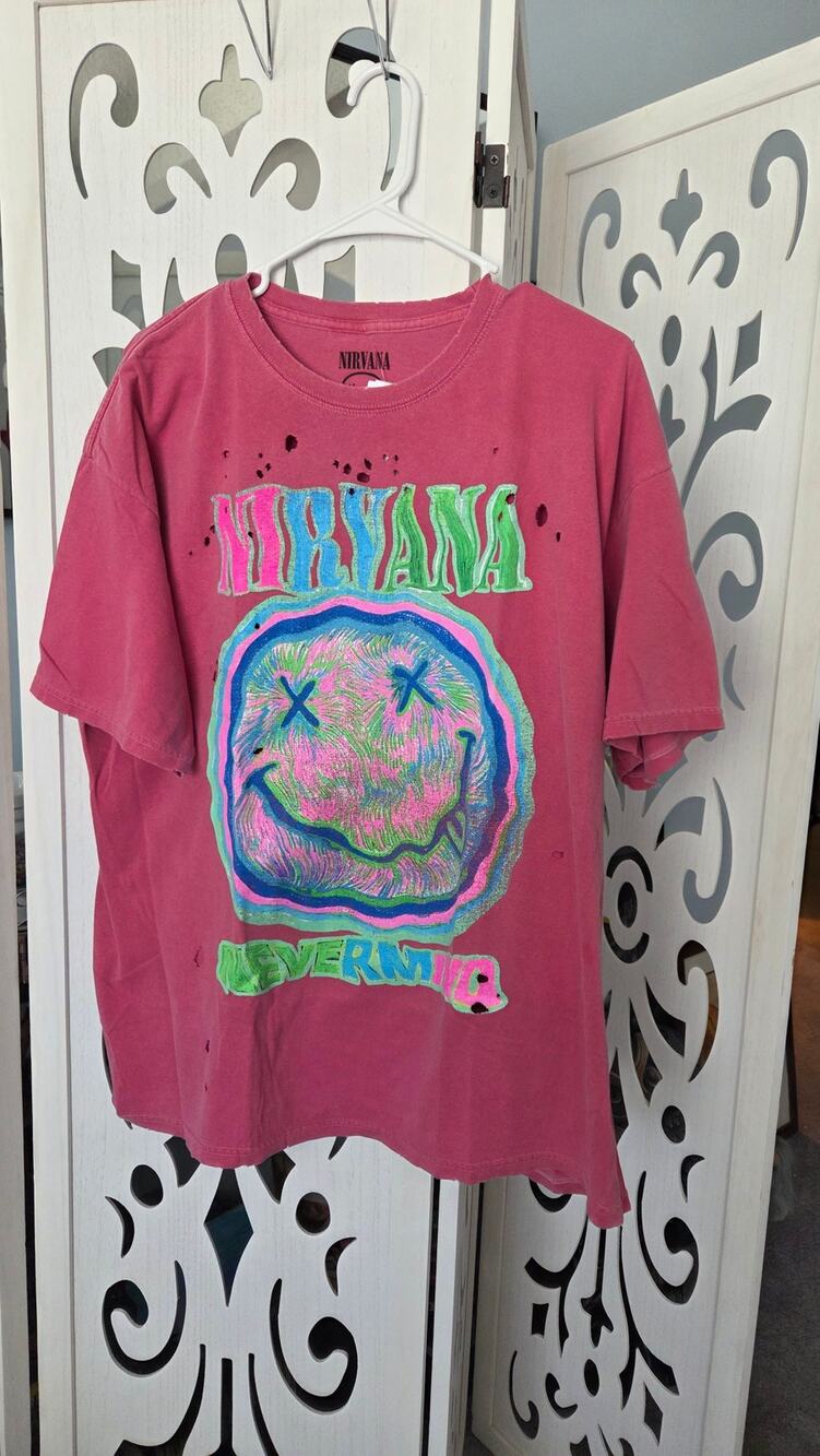 Nirvana Nevermind Oversized Distressed Graphic T-Shirt Pink S/M NWT Back Print